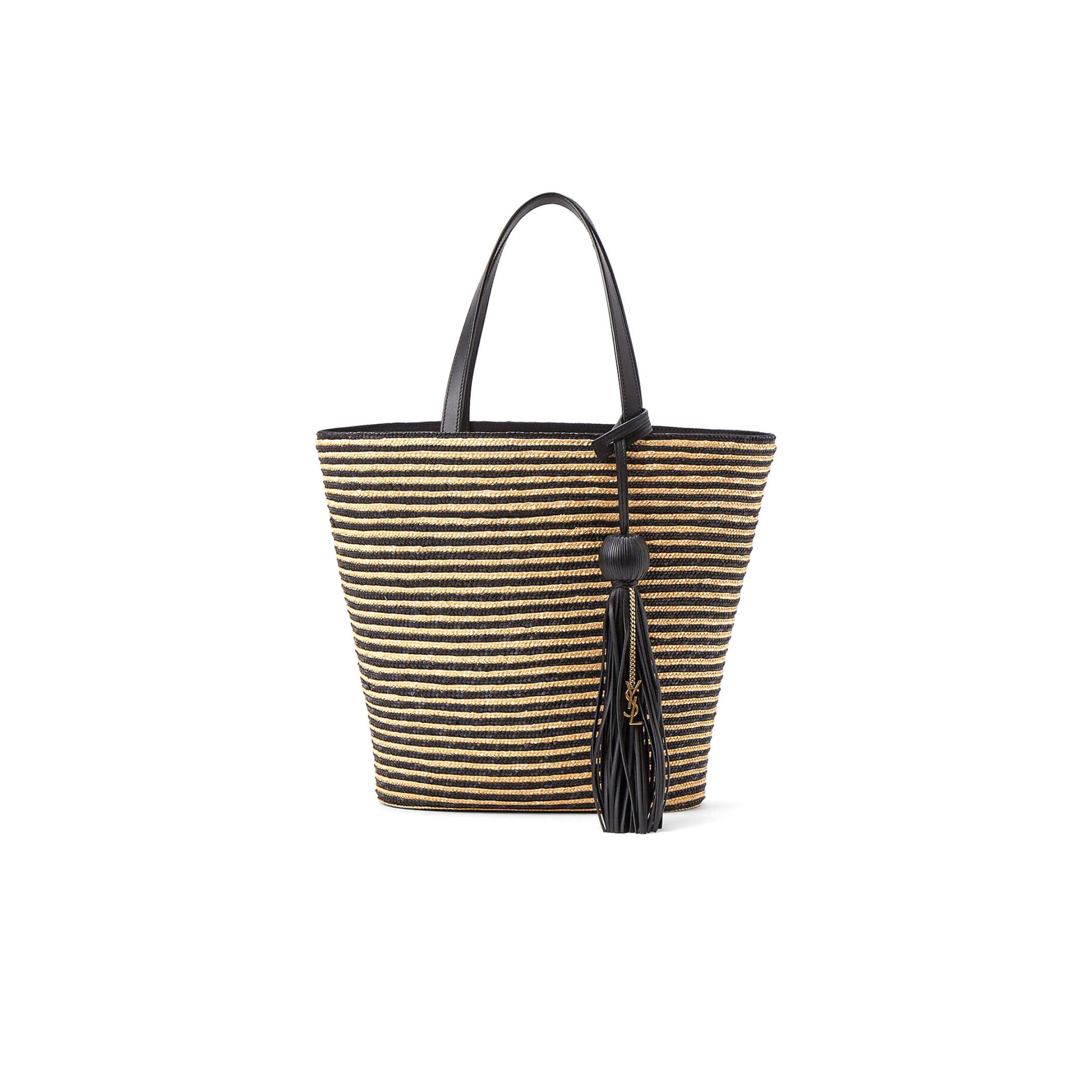 y*l Sa**t Lau*nt striped tote in raffia and leather 600308 (30*28*15cm)
